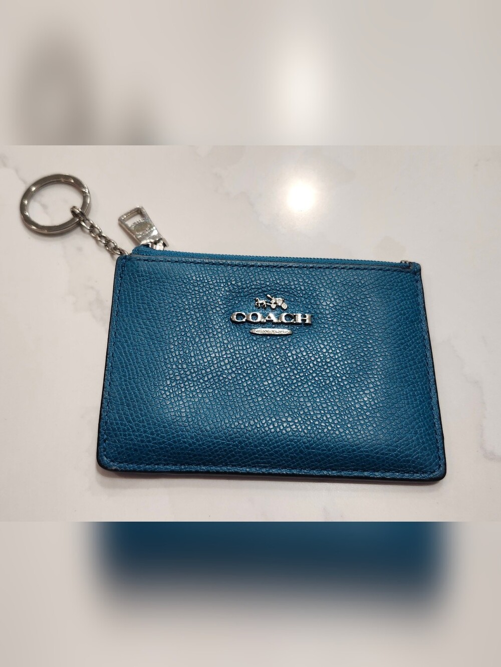 GUC Authentic Coach Mini Skinny ID Case in Teal Pebbled Leather & Silver Accents